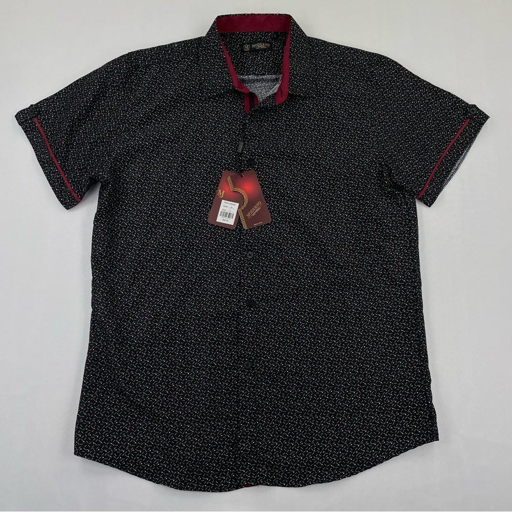 Moderno Italy Button Up Shirt Men’s L Black Geometric Print Short Sleeve NWT $82